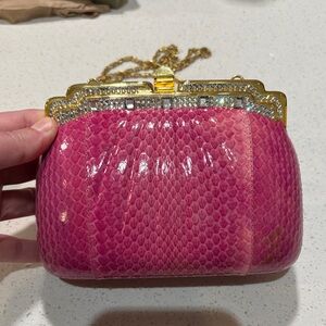 Chic Pink Snakeskin Clutch with Gold Chain